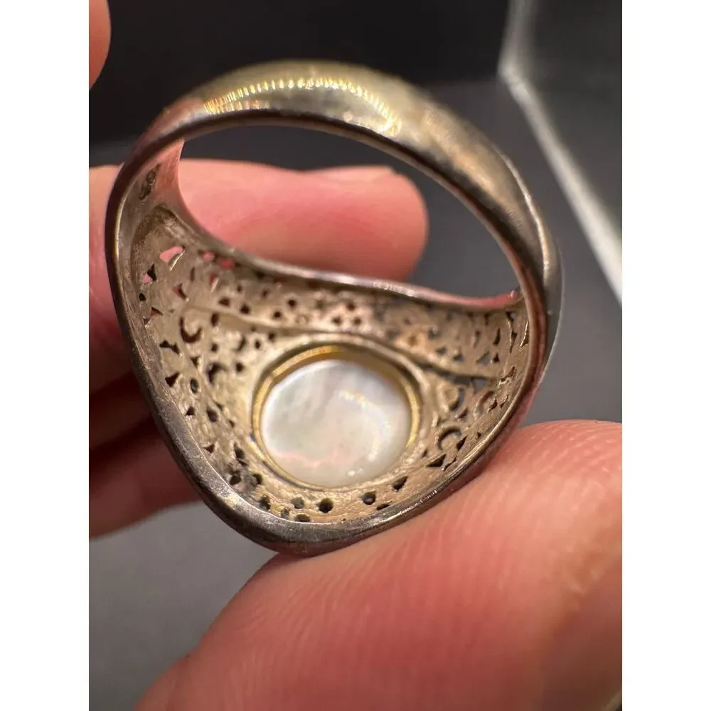 Vtg 925 Sterling Silver Mother Of Pearl Cocktail Statement Filigree Ring Sz 10